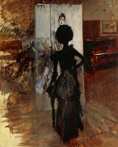 Lady in studio of painter facing White Pastel by Giovanni Boldini (1842-1931) بواسطة جيوفاني بولديني