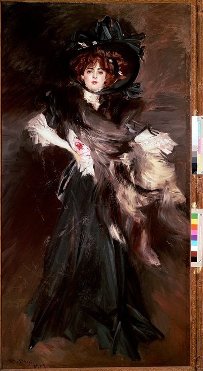 صورة لمدموزيل لانتيلمي فساتين شابة باللون الأسود Belle Epoque. لوحة جيوفاني بولديني (1842-1931) 1907 شمس. 227x118 سم روما ، المعرض الوطني للفن الحديث بواسطة جيوفاني بولديني