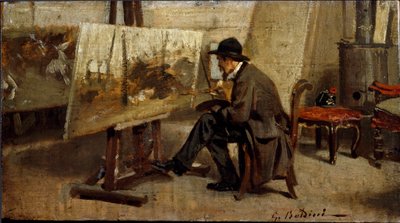 الرسام جيوفاني فاتوري في ورشته اللوحة المنسوبة إلى جيوفاني بولديني (1842-1931) 1863-1869 صن. مجموعة ميلان الخاصة 13x24 سم بواسطة جيوفاني بولديني