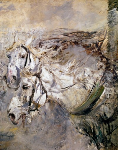 اثنين من الخيول البيضاء لوحة بواسطة جيوفاني بولديني (1842-1931) 1874 خافت. 153x122 سم بستويا ، مجموعة بولديني بواسطة جيوفاني بولديني