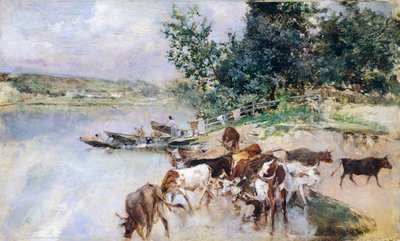 Watering of cattle on Seine, by Giovanni Boldini (1842-1931) بواسطة جيوفاني بولديني