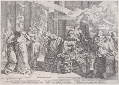 انتحار ديدو الذي يتكئ على محرقة في الوسط ، محاطًا بالعديد من الشخصيات ، 1650-1655. بواسطة جيوفاني سيزار تيستا