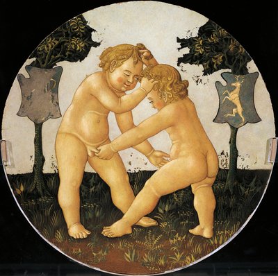 عزف بوتي ، تفاصيل من ظهر صينية الولادة (لوحة دائرية) ، حوالي عام 1450 ، بقلم جيوفاني دي سير جيوفاني ، المعروف باسم Lo Scheggia (1406-1486) ، تمبرا على الخشب بواسطة جيوفاني دي سير جيوفاني لو شيغيا غيدي