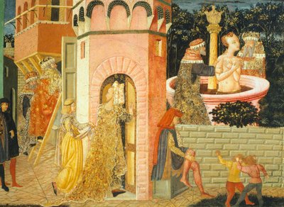 قصص سوزان ، حوالي 1450 ، الجانب الأيمن من صندوق مطلي بقلم جيوفاني دي سير جيوفاني ، المعروف باسم Lo Scheggia (1406-1486) ، تمبرا على اللوحة ، التفاصيل بواسطة جيوفاني دي سير جيوفاني لو شيغيا غيدي