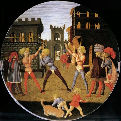 لعبة تسمى سيفيتينو ، تفاصيل من مقدمة صينية الولادة (لوحة مستديرة) ، حوالي 1450 ، بقلم جيوفاني دي سير جيوفاني ، المعروفة باسم لو شيغيا (1406-1486) ، تمبرا على الخشب بواسطة جيوفاني دي سير جيوفاني لو شيغيا غيدي