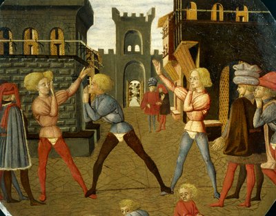 لعبة تسمى سيفيتينو ، تفاصيل من مقدمة صينية الولادة (لوحة مستديرة) ، حوالي 1450 ، بقلم جيوفاني دي سير جيوفاني ، المعروفة باسم لو شيغيا (1406-1486) ، تمبرا على الخشب بواسطة جيوفاني دي سير جيوفاني لو شيغيا غيدي