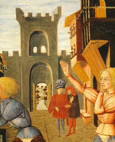 لعبة تسمى civettino ، تفاصيل الجانب الأيمن من صينية الولادة (لوحة مستديرة) ، حوالي 1450 ، بقلم جيوفاني دي سير جيوفاني ، المعروفة باسم Lo Scheggia (1406-1486) ، تمبرا على اللوحة بواسطة جيوفاني دي سير جيوفاني لو شيغيا غيدي