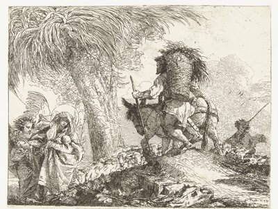 مريم والطفل يدعمهما الملاك ويوسف يقودان حمارًا وراء الراعي مع الغنم رحلة إلى مصر (عنوان المسلسل) فكرة الخلابة سوبرا لا فوجا في Egitto (عنوان المسلسل) بواسطة جيوفاني دومينيكو تيبولو