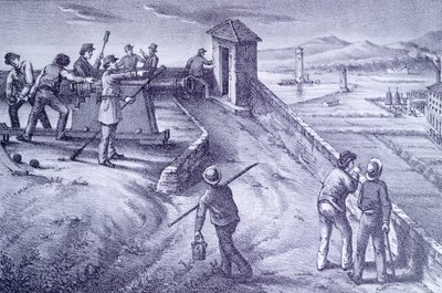 الدفاع عن ليفورنو من حصن سان بيترو ، بقلم جيوفاني فاتوري (1825-1908) ، نقش بواسطة جيوفاني فاتوري