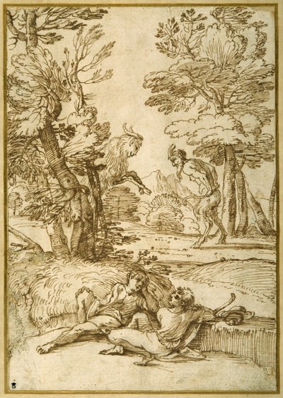 A landscape with two shepherds lads resting, while a satyr and a goat dance (pen & ink on paper) بواسطة جيوفاني فرانشيسكو جريمالدي