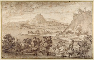 Landscape with a hill town and a more distant mountain (pen & brown ink with brown wash on white paper) بواسطة جيوفاني فرانشيسكو جريمالدي