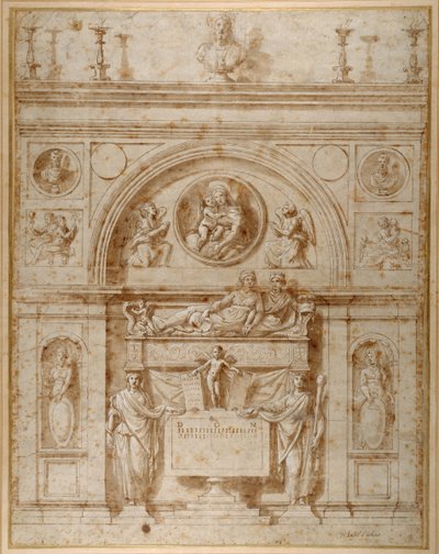 Design for a wall tomb in the Etruscan manner (pen & ink on paper) بواسطة جيوفاني فرانشيسكو (1488-1528) بيني