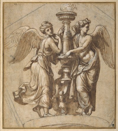 Victories embracing a candelabrum (pen & brown ink with black chalk on paper) بواسطة جيوفاني فرانشيسكو (1488-1528) بيني