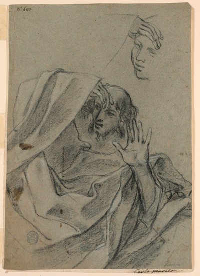 رسم الدراسات مع وجه المرأة والرجل متكئ ، واليد اليمنى مع الساعد بواسطة جيوفاني فرانشيسكو باربيري (Il Guercino)