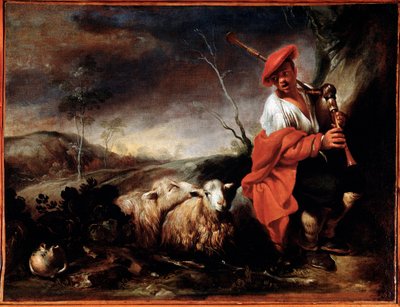 الراعي يلعب مزمار القربة مع رسم الأغنام لجيوفاني فرانشيسكو كاستيجليون (1641 / 42-1716) الجينات ، Musei di Strada Nuova (سابقًا Palazzo Bianco) بواسطة جيوفاني فرانشيسكو كاستيجليون