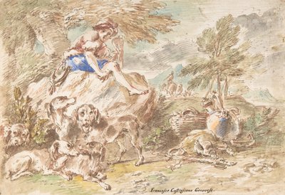 صياد صغير مع كلابه في منظر طبيعي ، 1641-1710. بواسطة جيوفاني فرانشيسكو كاستيجليون