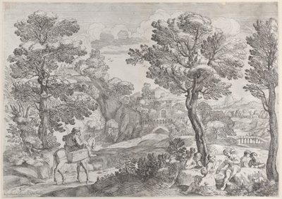 مجموعة من الأشخاص يلعبون الورق إلى اليمين ورجل يمتطي حصانًا إلى اليسار ، 1626-80. بواسطة جيوفاني فرانشيسكو جريمالدي