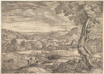 منظر طبيعي مع مصنع طوب في الوسط ، رجل واقف في المقدمة ص ... ، 1626-80. بواسطة جيوفاني فرانشيسكو جريمالدي