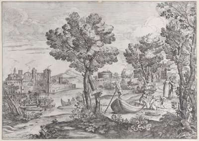 منظر طبيعي مع رجل يحمل ثعبانًا لطفل مرعوب ، شاهده دري بشكل عصري ... ، 1626-80. بواسطة جيوفاني فرانشيسكو جريمالدي