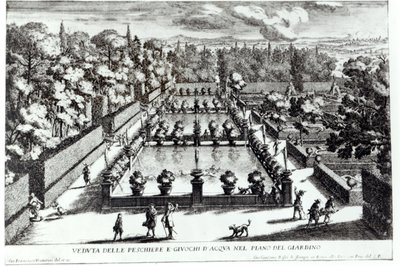 أحواض السمك في فيلا ديستي ، تيفولي ، من Le Fontane بقلم جيوفاني باتيستا فالدا (c.1648-1787) ، التي نشرها 1689 بواسطة جيوفاني فرانشيسكو فينتوريني