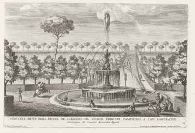 Fontein in de tuinen van Villa Doria Pamphilj te Rome نافورة معروفة باسم الملكة في حديقة الأمير بامفيليو في سان بانكراتيو (العنوان على القطعة) النوافير في قصور وحدائق روما (عنوان السلسلة) Fonteinen in de paleizen en tuinen v بواسطة جيوفاني جياكومو دي روسي
