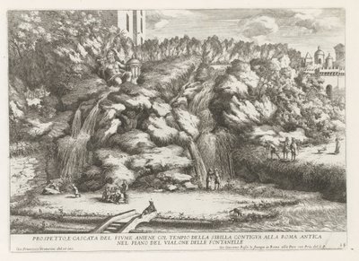 التقى Landschap بشلال في Tempel van de Tiburtijnse Sibille te Tivoli نشرة وشلال نهر Aniene مع معبد العرافة (...] (العنوان على الكائن) ينابيع حديقة إستي في تيفولي (عنوان السلسلة) Fonteinen in de tuinen van Villa d
