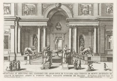 Loggia en tuin van de Villa Medici في روما نافورة عطارد في حديقة دوق توسكانا الأكبر في Trinita de Monti (...) (العنوان على الكائن) النوافير في قصور وحدائق روما (عنوان السلسلة) Fonteinen in de paleizen en tuinen van Rome (se بواسطة جيوفاني جياكومو دي روسي