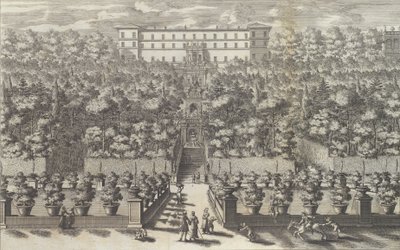 منظر للقصر من طابق الحديقة مع نوافيرها ... 1691 أو ما بعده. بواسطة جيوفاني فرانشيسكو فينتوريني