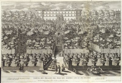 منظر للقصر من حديقة الطابق مع نوافيره ، من لافونتي ، حانة. ج 1691 بواسطة جيوفاني فرانشيسكو فينتوريني