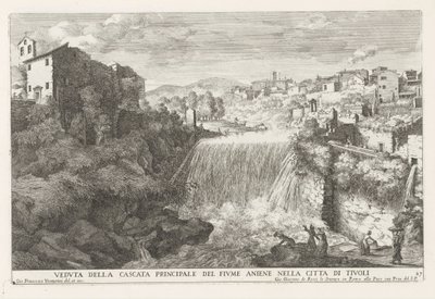 Waterval in de rivier de Aniene bij Tivoli منظر للشلال الرئيسي لنهر Aniene في مدينة تيفولي (العنوان على الجسم) ينابيع حديقة إستي في تيفولي (عنوان السلسلة) فونتينين إن دي توينين فان فيلا ديستي تي تيفولي (عنوان المسلسل) بواسطة جيوفاني جياكومو دي روسي