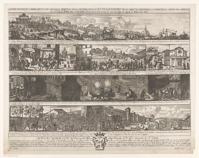 Optocht om Rome vrij te maken van de pest أوامر الاجتهاد والإصلاحات التي تتم بمنفعة عالمية من الحجر الأبوي لـ N. S. PP. الكسندر السابع. وآخرون emin.mi SS. card.li of the Holy Congr.me della Sanità لتحرير مدينة روما من العدوى (العنوان على o بواسطة جيوفاني جياكومو دي روسي