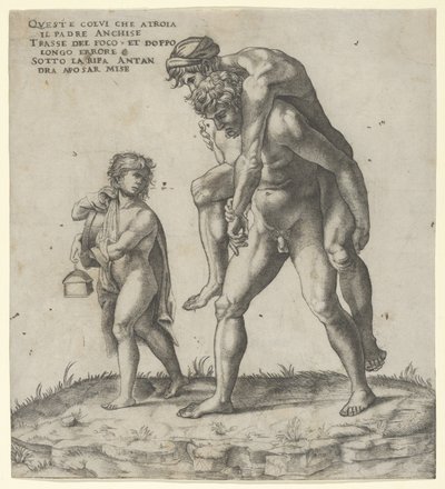 إينياس ينقذ Anchises ، صبي صغير يحمل فانوسًا إلى اليسار ، كاليفورنيا. 1525. ، كاليفورنيا. 1525. بواسطة جيوفاني جاكوبو كاراجليو