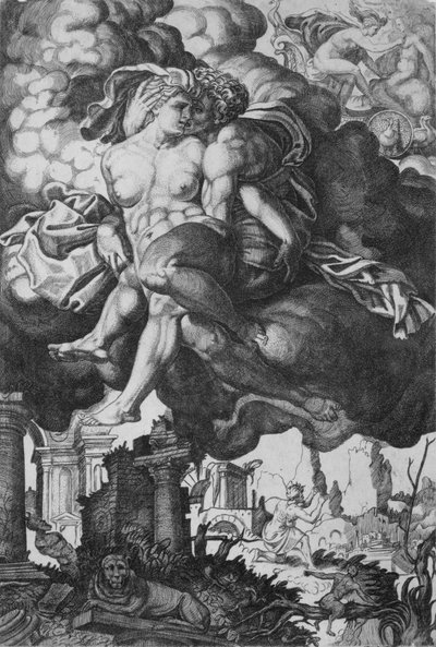 Ixion يحاول إغواء جونو ، وتحيط به السحب مع الأنقاض في الأسفل ، كاليفورنيا. 1520-39. بواسطة جيوفاني جاكوبو كاراجليو