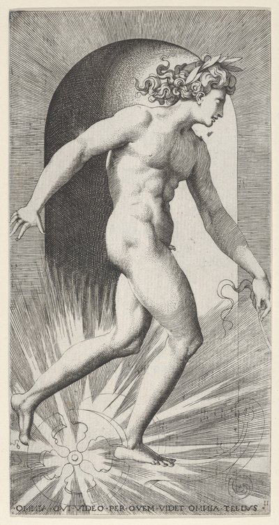 اللوحة 11: أبولو يركب عربته في مكان مواجه لليمين من سلسلة من الأساطير ... ، 1526. بواسطة جيوفاني جاكوبو كاراجليو