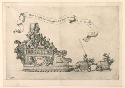 موكب عائم في ريجيو ، إيطاليا: "Carro triumphal della Compagnia di S. Rocco" (عربة النصر التابعة لشركة سانت روش). اللوحة 2 ب من A. Isacchi ، "تقرير بقلم ألفونسو إيساشي عن أصل مادونا ووقارها وترجمتها ومعجزاتها بواسطة Giovanni Luigi Valesio