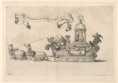 موكب عائم في ريجيو ، إيطاليا: "Carro triumphal della Confraternità del S. to Sacrame.to di S. Stefano" (عربة النصر لأخوية القديس ستيفن المقدس). لوحة 2 أ من A. Isacchi ، "علاقة ألفونسو Isachi حول أو بواسطة Giovanni Luigi Valesio