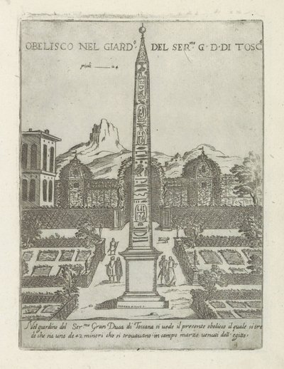 مسلة مصرية في حديقة فيلا ميديشي بروما Obelisco nel giard.o del ser.mo G. D. Di Tosc.a (العنوان على الكائن) الآثار والمباني الحديثة والقديمة في روما (عنوان السلسلة) زخرفة النسيج والمضادات والحداثة dell