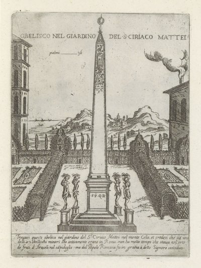 مسلة في de tuin van Ciriaco Mattei المسلة في حديقة S ciriaco Mattei (العنوان على الكائن) Moderne en Antieke monuments en bouwwerken in Rome (عنوان السلسلة) زخارف المباني القديمة والحديثة في مدينة ألما في روما (عنوان السلسلة) بواسطة جيوفاني ماجي