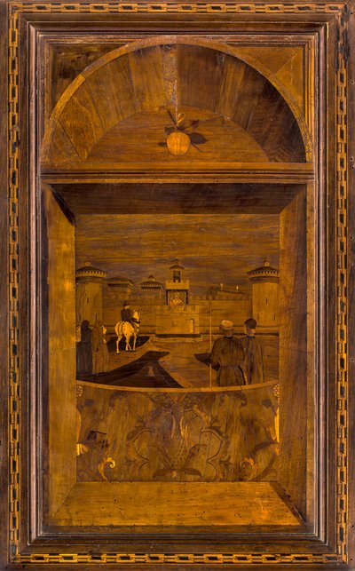كورال Lignaean الكنسي ، مرصع بواسطة Giovanni Maria Platina 1484 ، Superior Stallo ، منظر لقلعة Sforzesco في ميلانو بواسطة جيوفاني ماريا بلاتينا