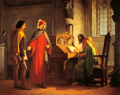 دانتي أليغيري (1265-1321) يقدم جيوتو إلى غيدو دا بولينتا ، بقلم جيوفاني موتشي (1829-1892) ، زيت على ظهر بواسطة جيوفاني موتشي