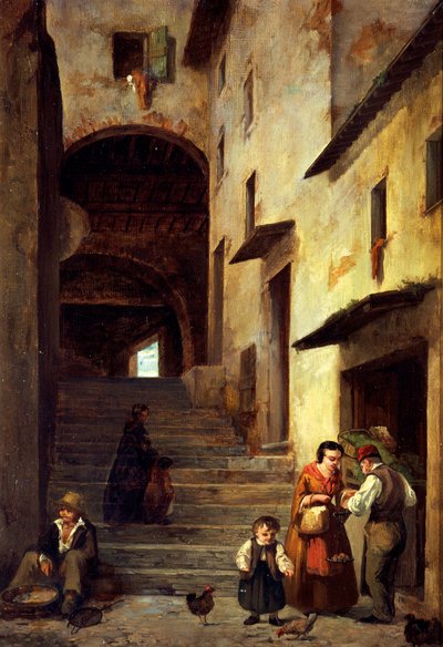منظر لشارع في سيستري ليفانتي ، ريفييرا جنوة ، حوالي 1863 ، بقلم جيوفاني موتشي (1829-1893) ، زيت على قماش ، 40 × 30 سم. بواسطة جيوفاني موتشي