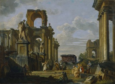 Capriccio المعمارية للمنتدى الروماني مع الفلاسفة والجنود بين الأطلال القديمة بواسطة جيوفاني باولو بانيني