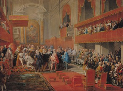 تقديم وسام الروح القدس للأمير Vaini بواسطة Paul-Hippolyte de Beauvillers (1684-1776) دوق القديس أيغنان في عام 1732 ، ج 1752 بواسطة جيوفاني باولو بانيني