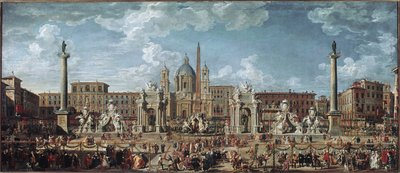 Preparations for the fireworks and decorations of the feast given in Rome celebrating the birth of the Louis de France dolphin (oil on canvas بواسطة جيوفاني باولو بانيني