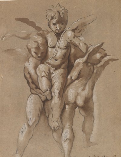 اثنان Putti يحملان Putti الثالث (وجهًا) ؛ شاب ذو عصا (ظهر) بواسطة جيوفاني بيترو بوسينتي