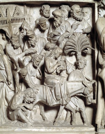 Detail of the reliefs of the Chair realised by Giovanni Pisano (1248-1314): Detail of the reliefs of the marble pulpit, flight into Egypt 1302-1311 Cathedrale de Pisa (Duomo di Pisa), Italy بواسطة جيوفاني بيسانو