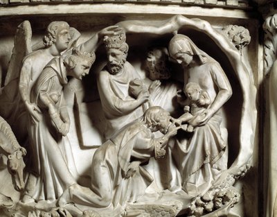 Detail of the reliefs of the Chair realised by Giovanni Pisano (1248-1314): Detail of the reliefs of the marble pulpit, the adoration of the magi 1302-1311 Cathedrale of Pisa (Duomo di Pisa), Italy بواسطة جيوفاني بيسانو
