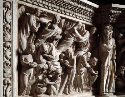 Detail of the reliefs of the Chair realized by Giovanni Pisano (1248-1314): the annunciation, the visitation and the birth of John the Baptist (Detail of the reliefs of the marble pulpit, annunciation, visitation et birth of St John Baptist) 1302-1311 Cath بواسطة جيوفاني بيسانو