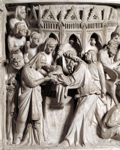 تفاصيل نقوش الكرسي التي أنجزها جيوفاني بيسانو (1248-1314): تقديم يسوع في المعبد (تفاصيل النقوش البارزة على المنبر الرخامي) 1302-1311 كاتدرائية بيزا (دومو دي بيزا) ، إيطاليا بواسطة جيوفاني بيسانو