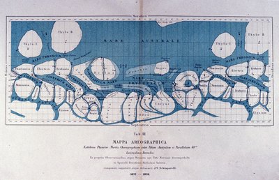 خريطة لكوكب المريخ بواسطة عالم الفيزياء الفلكية جيوفاني فيرجينيو شياباريللي (1835-1910). لاحظ تكوينات مستقيمة على كوكب المريخ ، والتي سماها قنوات المريخ (كانالي). 1877-1878 بواسطة جيوفاني شياباريللي